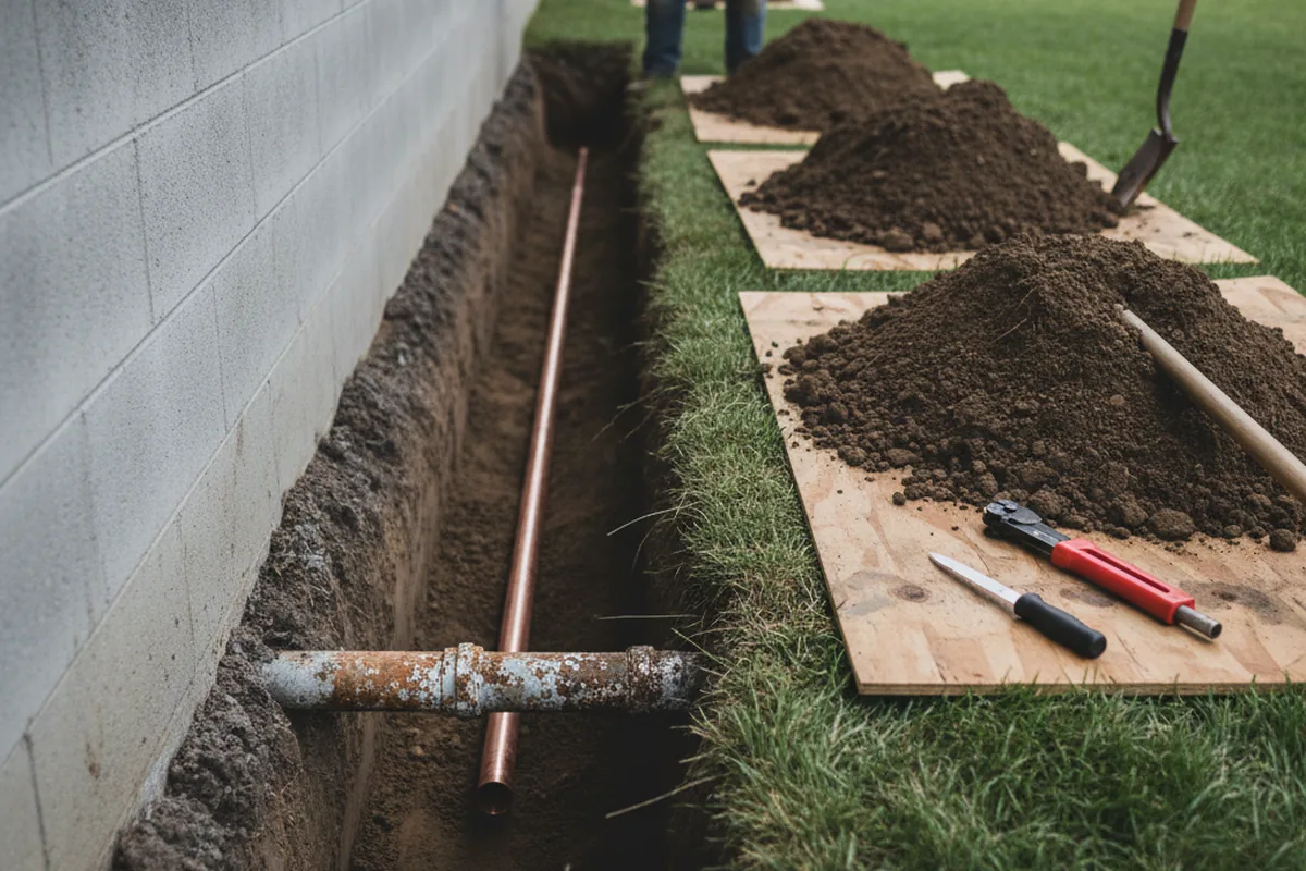 Excavated water line trench during Water Softener Installation in Benson